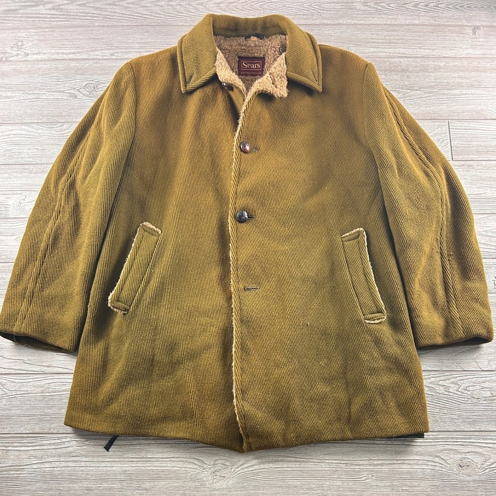 Vintage Sears Corduroy Car Coat Mens Olive Brown Faux Shearling Lined Jacket 46